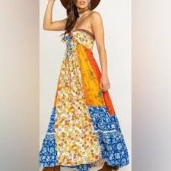 Free People Golden Dreams mixed print Strapless Ruffle Maxi Dress Size Medium - Picture 3 of 12